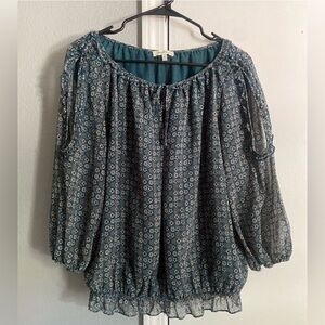 Max Studio Women's Green Floral Cold/ Open Shoulder Ruffles Blouse Large